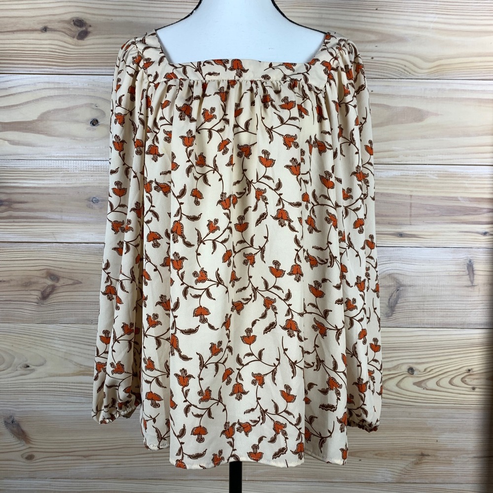 Hayden Blouse Women L Cream Floral Peasant Square Neck Long Sleeve Top Cottage